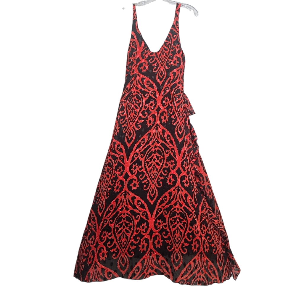 Nasty Gal Nwt Grand Entrance Red/Black Jacquard Ruffled Flowy V Neck Maxi Dress - Picture 14 of 17